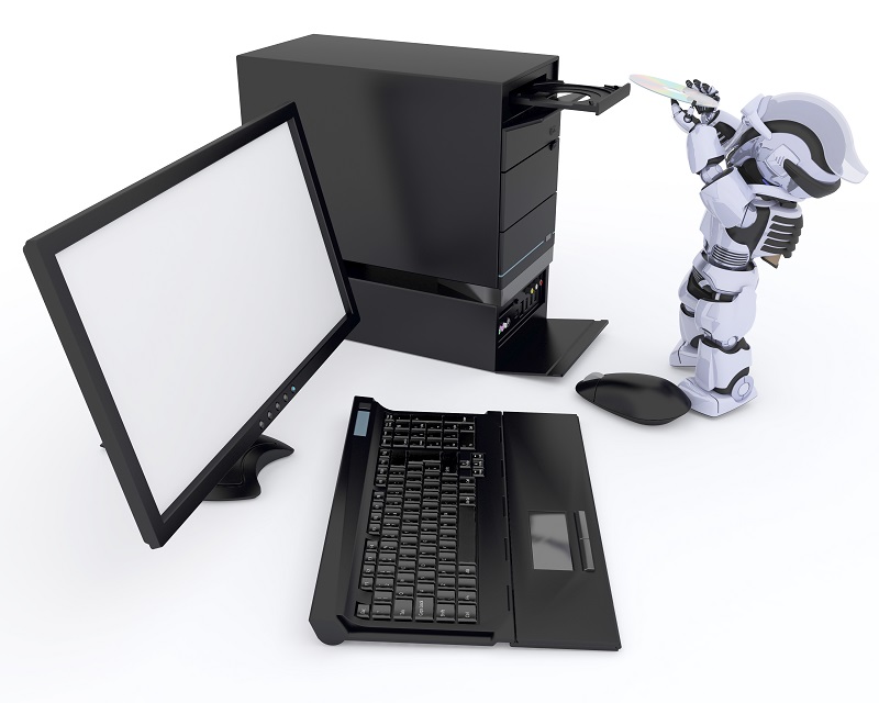 3D render of a Robot with a computer